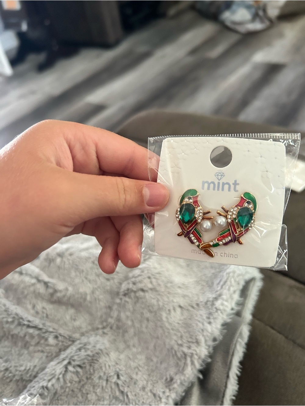 5/$25 Mint Parrot Crystal Stud Earrings - Green, Red & Gold